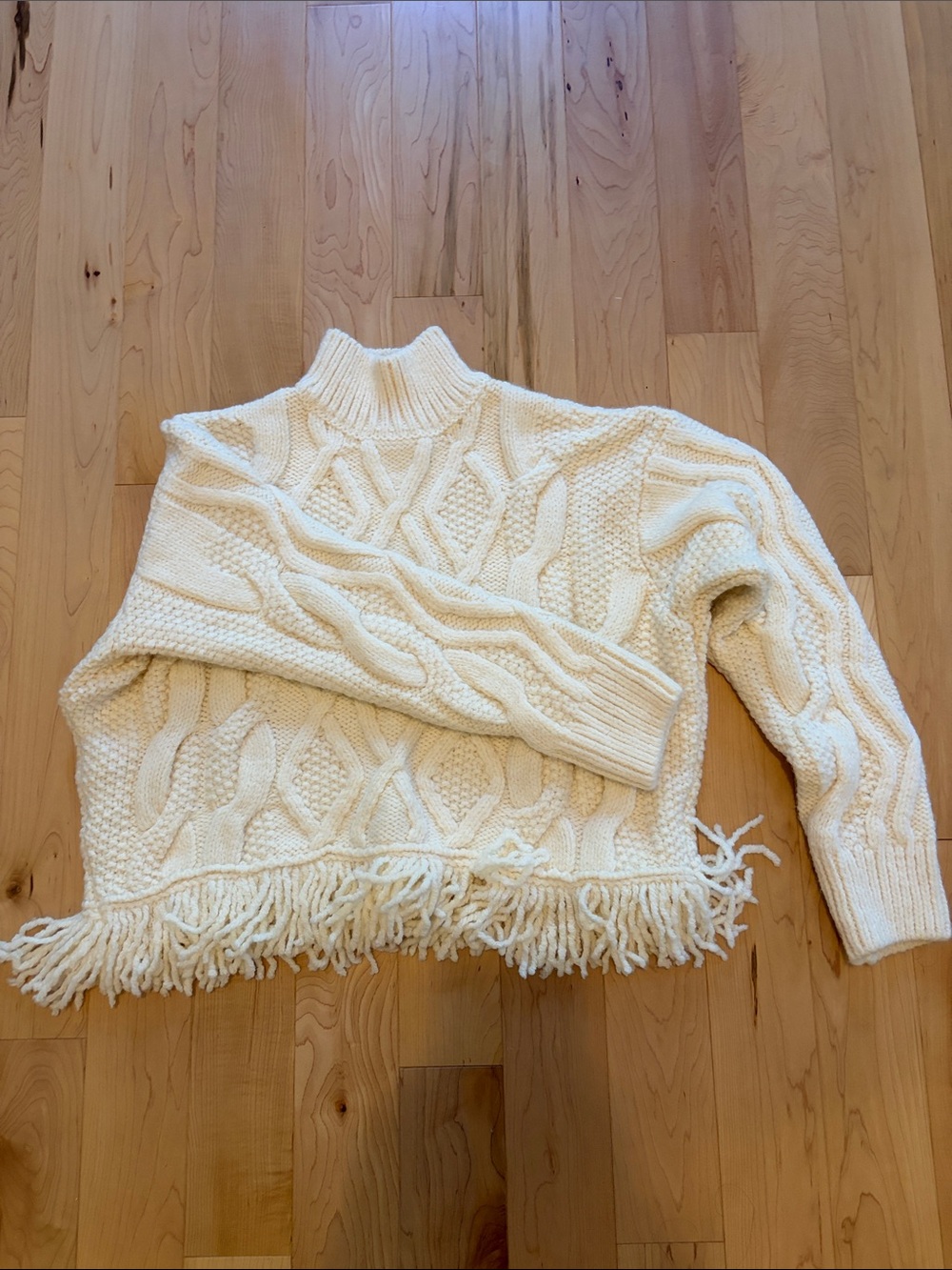 Mango Cream Cable-Knit Fringe Turtleneck Sweater